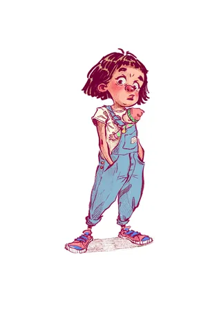 Girl in blue overalls holding a green leaf illustration.
