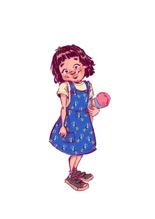 Smiling girl in blue dress holding pink ice cream cone