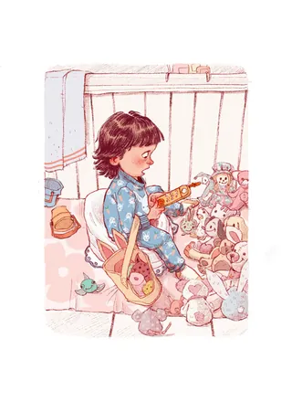 Child in blue pajamas playing toy guitar with stuffed animals nearby