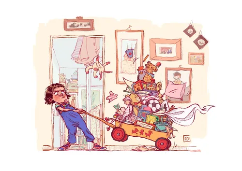Man pulling a wagon full of assorted household objects and clothes.