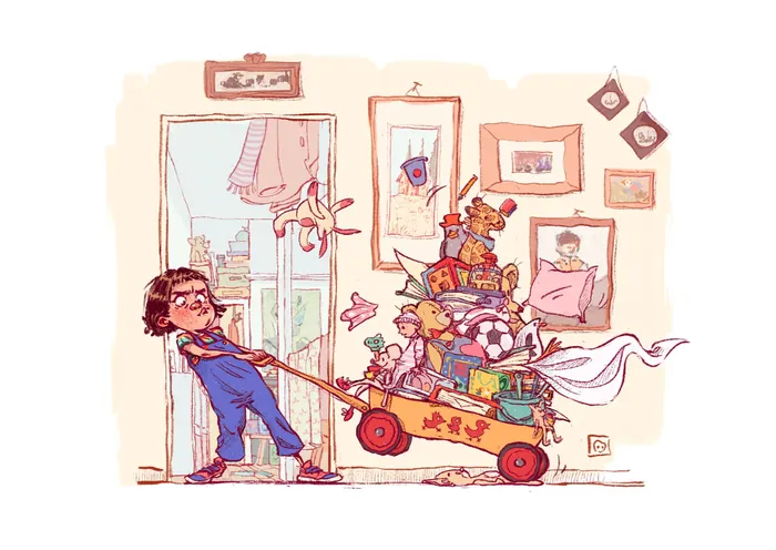Man pulling a wagon full of assorted household objects and clothes.