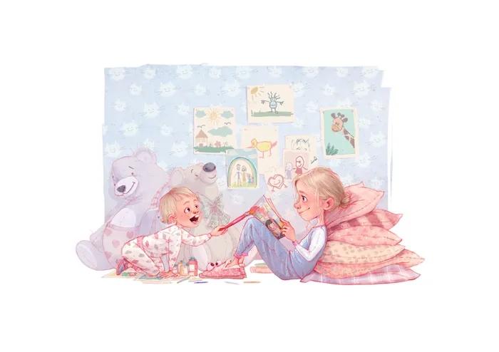 Two children playing with a string game in a soft, pastel room