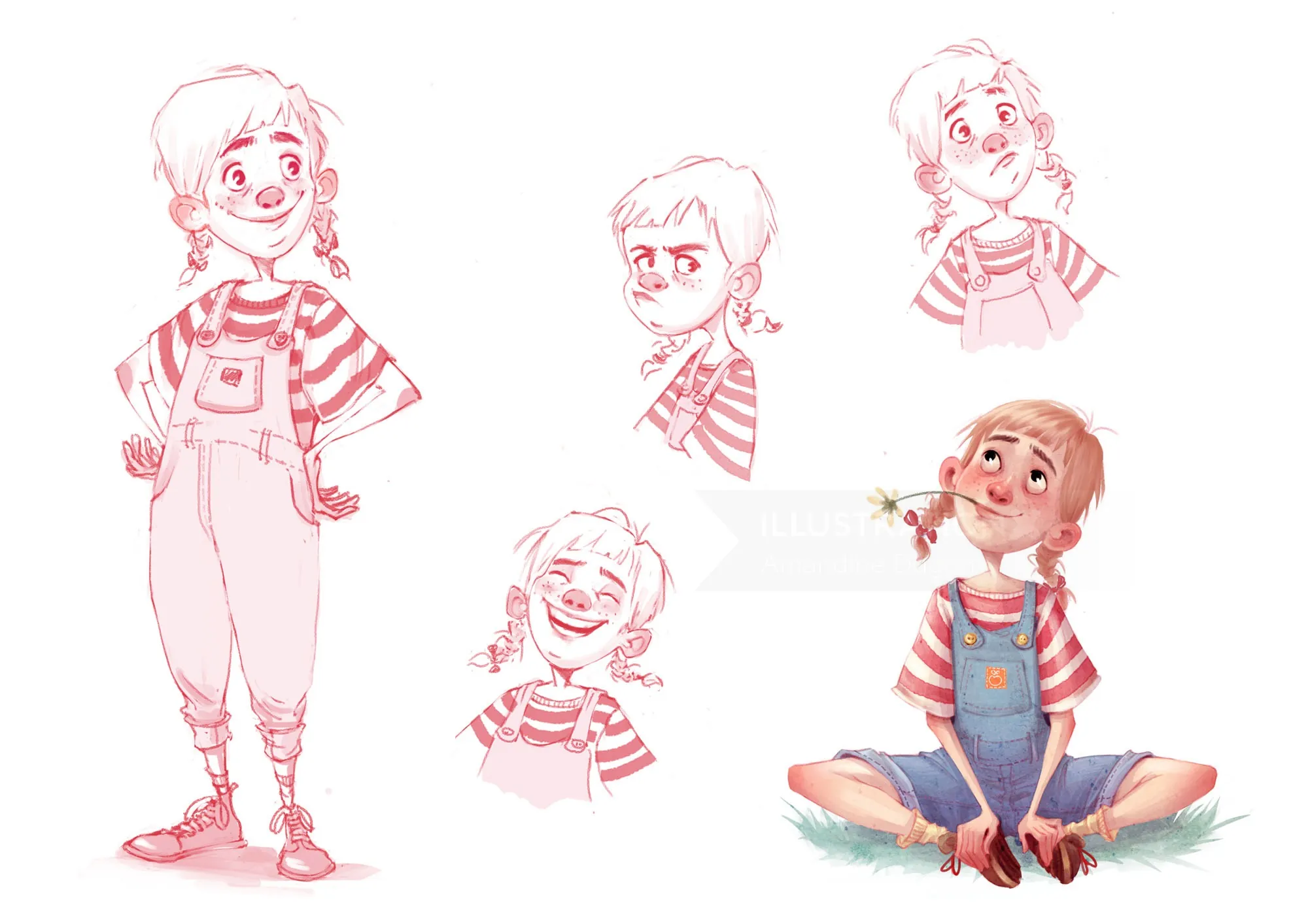 Illustration of a young girl with different facial expressions and sitting pose.