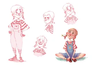 Illustration of a young girl with different facial expressions and sitting pose.