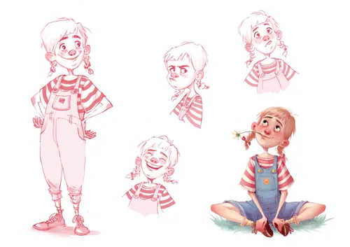 Illustration of a young girl with different facial expressions and sitting pose.