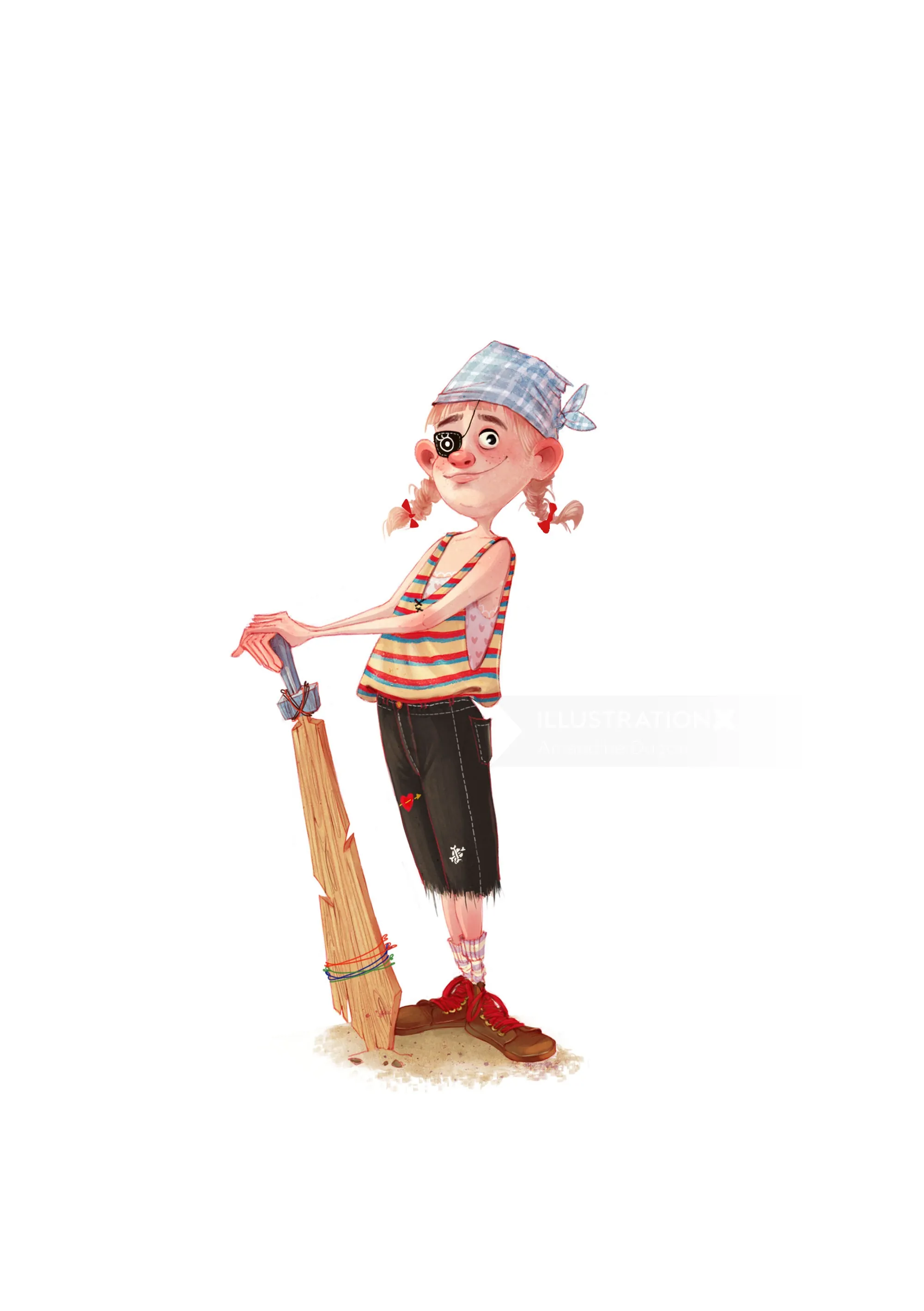 Smiling cartoon pirate boy in striped shirt and bandana with broom