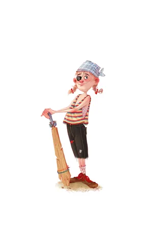 Smiling cartoon pirate boy in striped shirt and bandana with broom