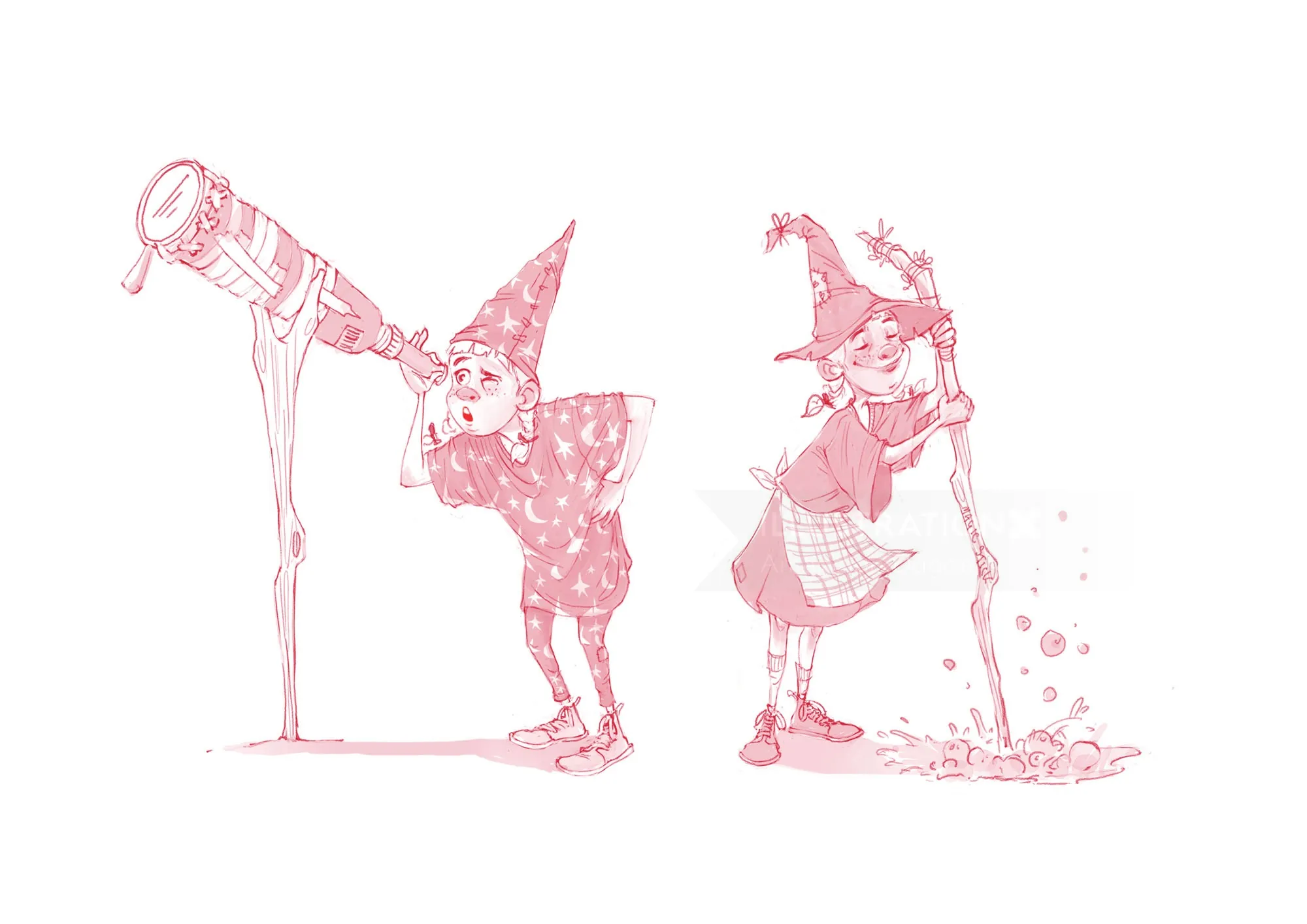 Children in costumes playing with water from a telescope and hose