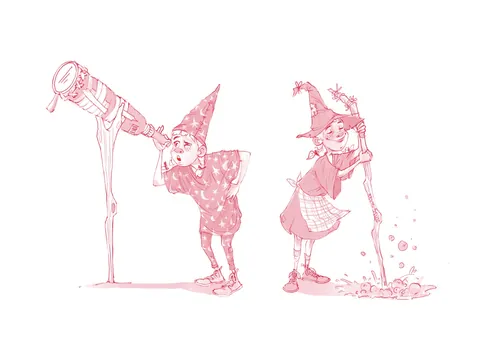 Children in costumes playing with water from a telescope and hose