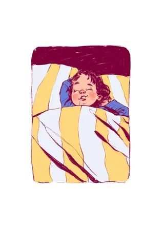 Child waking up happily in bed with yellow and white striped blankets.