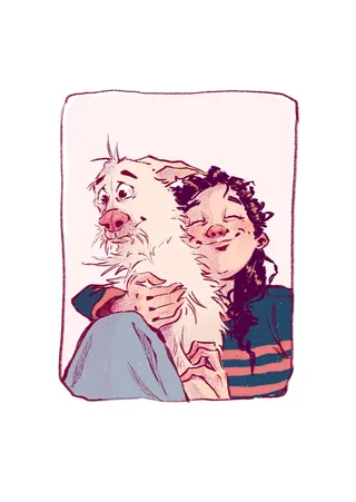 Girl hugging her fluffy white dog closely