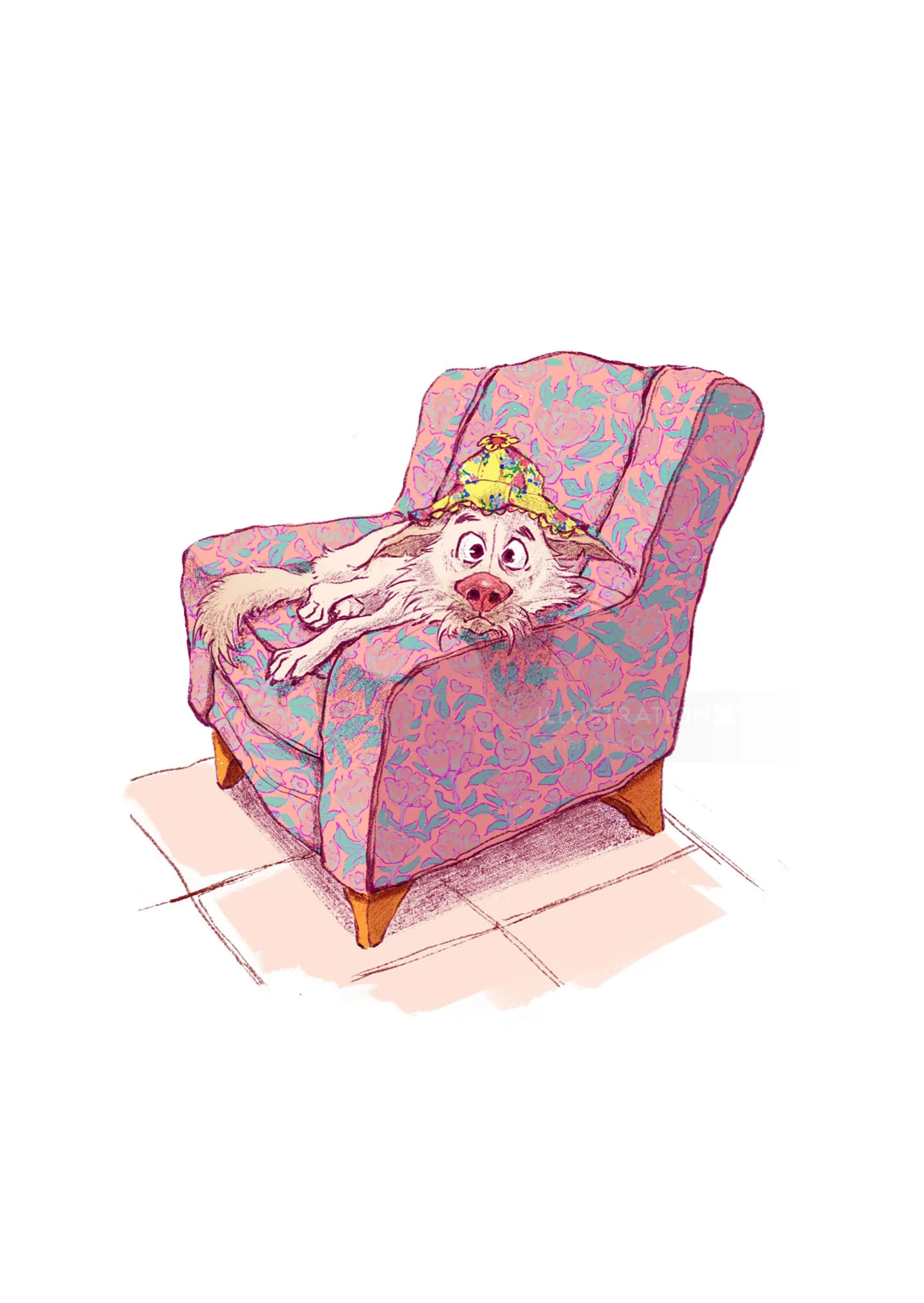 Small dog lying on a pink floral armchair