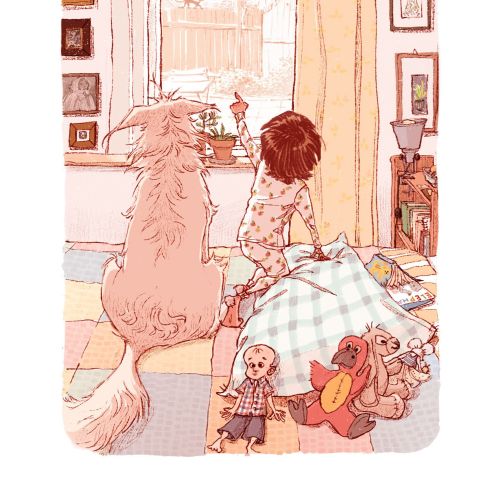 Child and dog sitting by window looking outside in cozy room