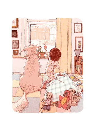 Child and dog sitting by window looking outside in cozy room