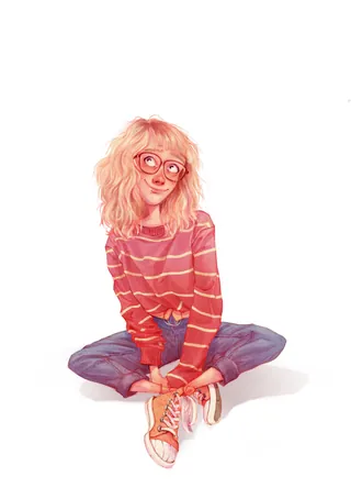 Smiling girl with glasses sitting cross-legged wearing striped sweater and jeans