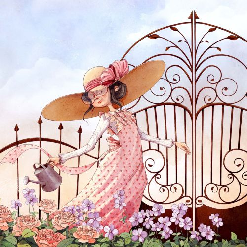 Woman wearing pink dress and wide hat watering flowers near garden gate