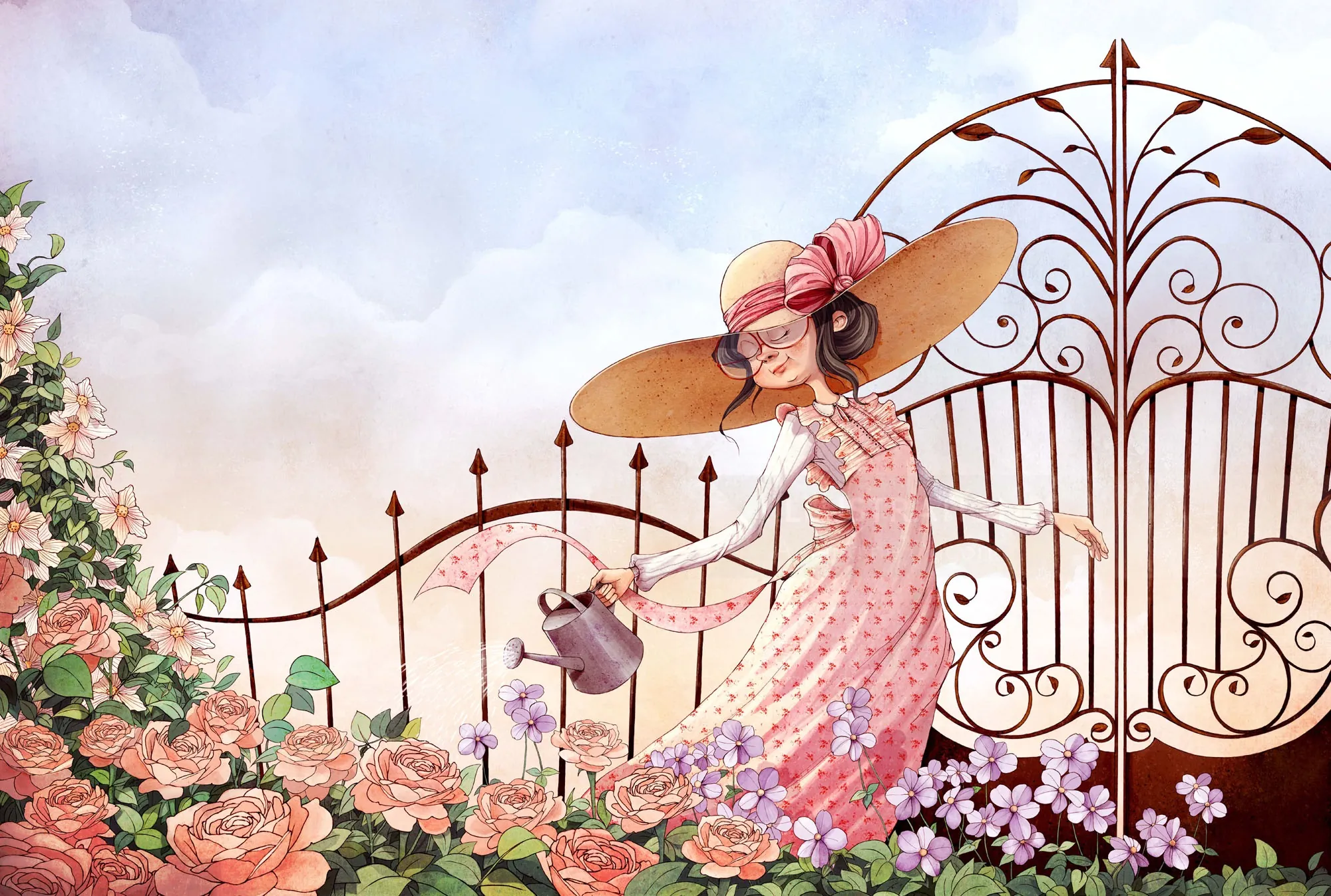 Woman wearing pink dress and wide hat watering flowers near garden gate