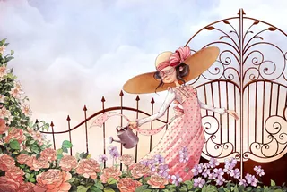 Woman wearing pink dress and wide hat watering flowers near garden gate