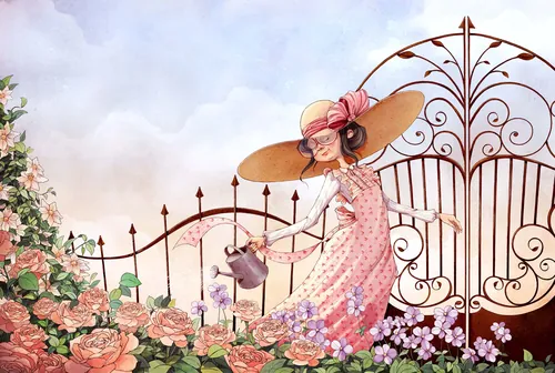 Woman wearing pink dress and wide hat watering flowers near garden gate