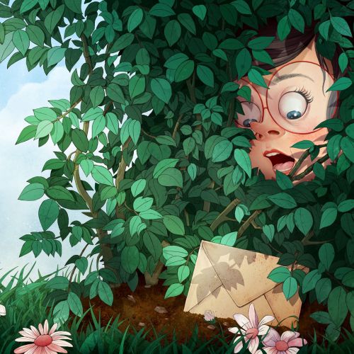 Child peeking through green leaves holding a torn map near flowers