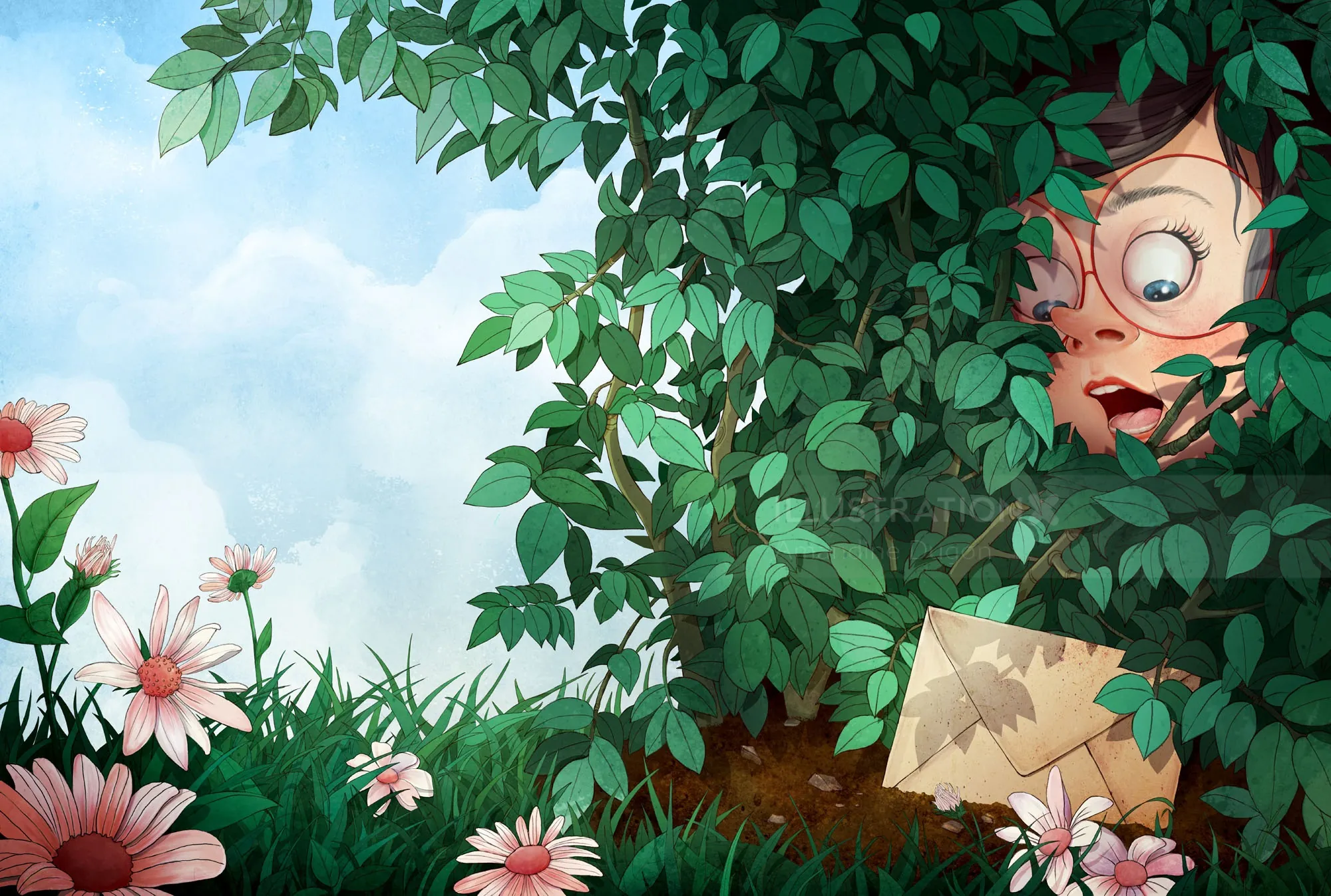 Child peeking through green leaves holding a torn map near flowers