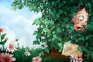 Child peeking through green leaves holding a torn map near flowers