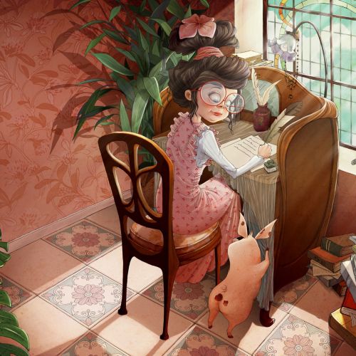 Young girl reading book at wooden desk with pig and plants nearby