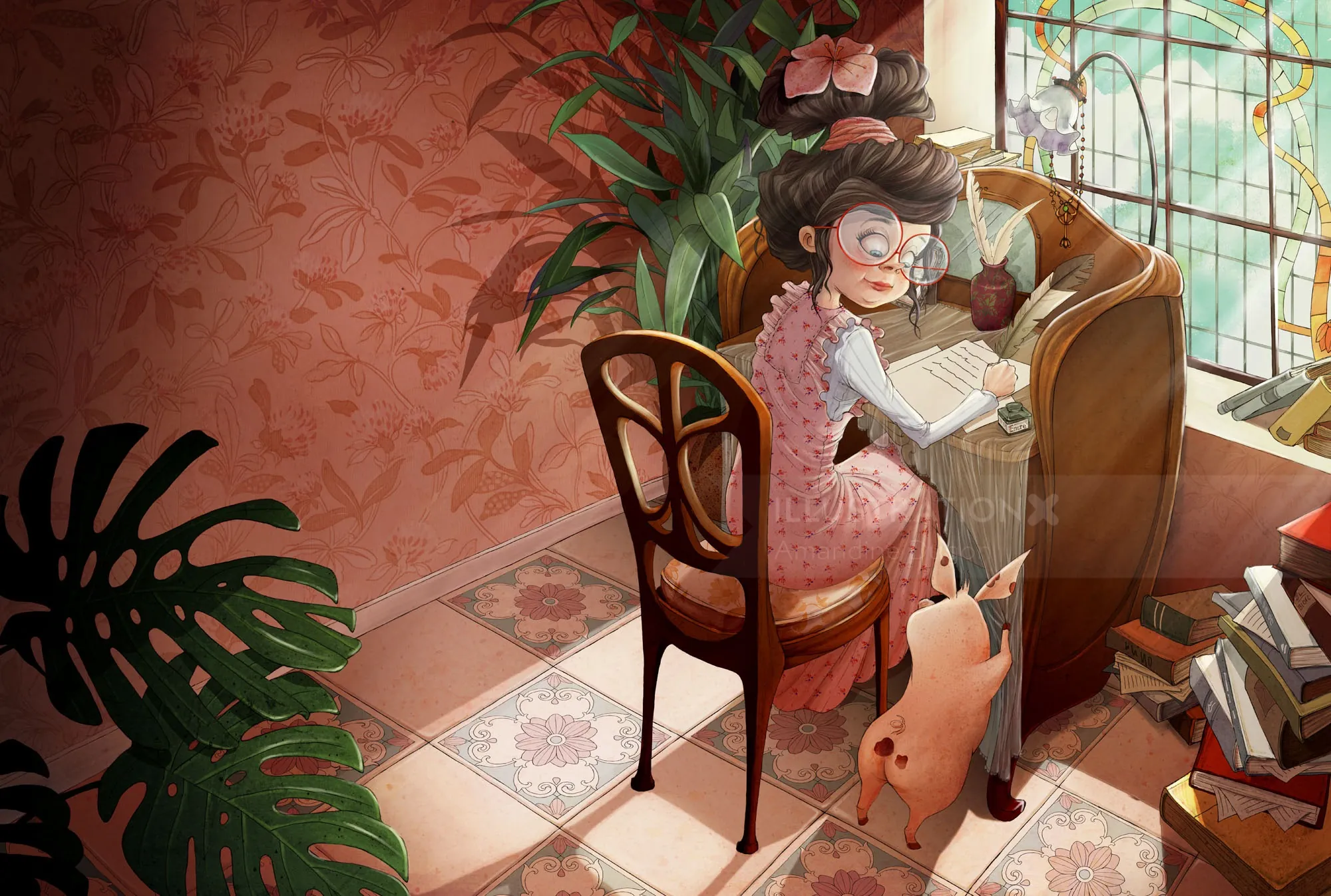 Young girl reading book at wooden desk with pig and plants nearby