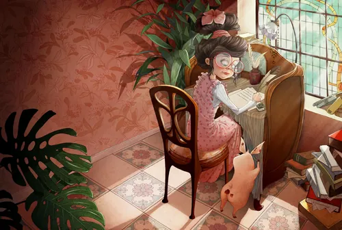 Young girl reading book at wooden desk with pig and plants nearby