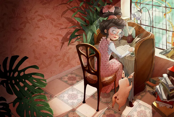 Young girl reading book at wooden desk with pig and plants nearby