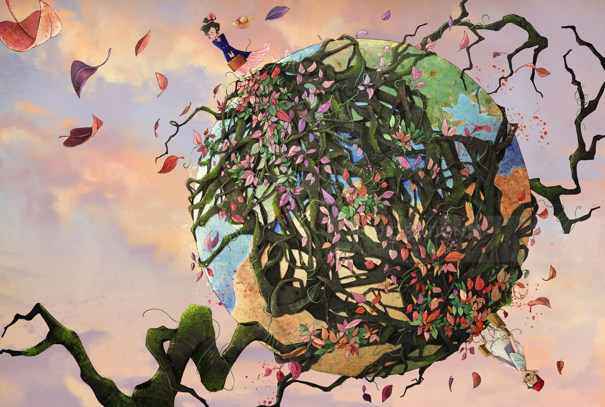 Surreal floating globe with blooming branches and falling leaves