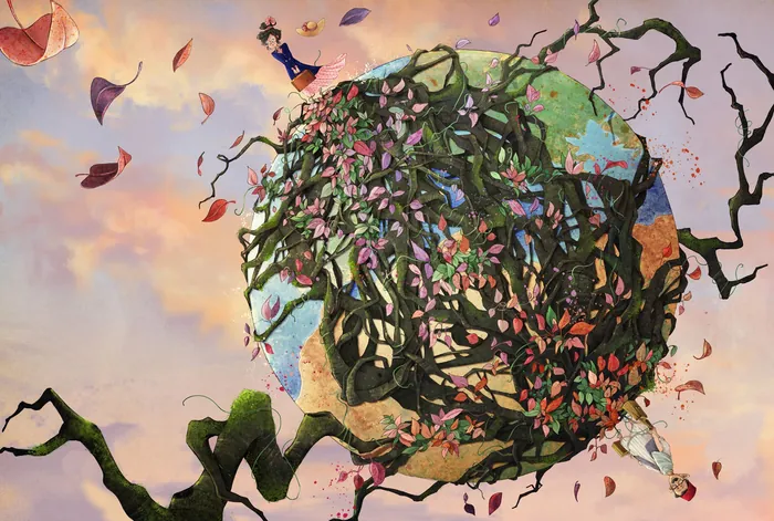 Surreal floating globe with blooming branches and falling leaves