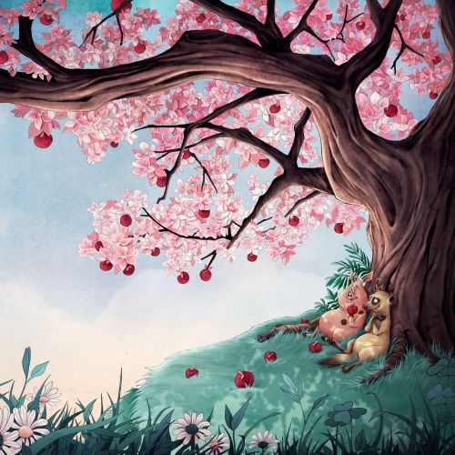 Cherry blossom tree with pink flowers and teddy bear on green grass