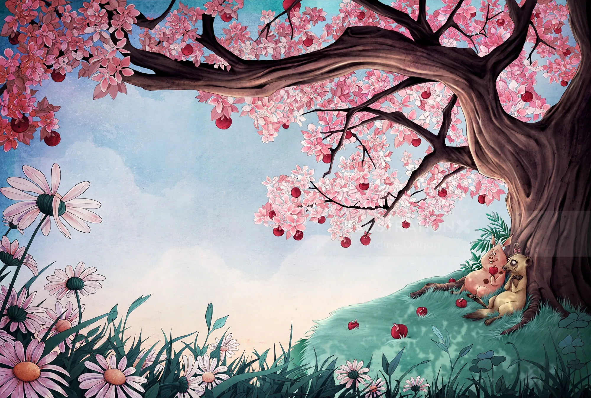Cherry blossom tree with pink flowers and teddy bear on green grass
