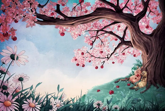 Cherry blossom tree with pink flowers and teddy bear on green grass
