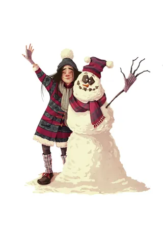 Child with striped scarf and hat standing next to a decorated snowman