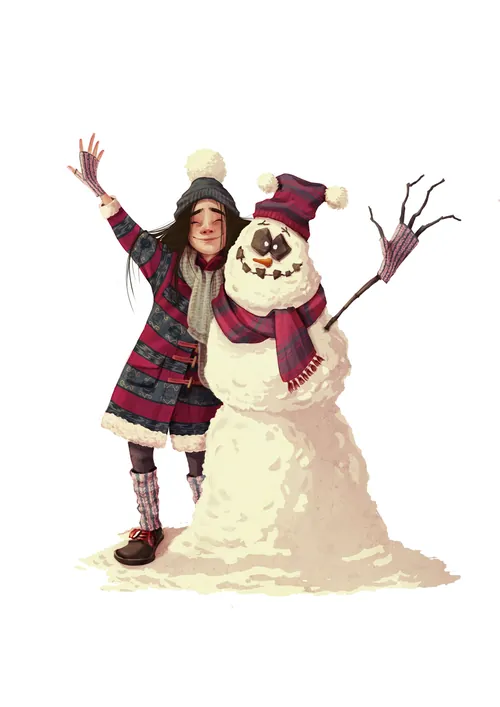 Child with striped scarf and hat standing next to a decorated snowman