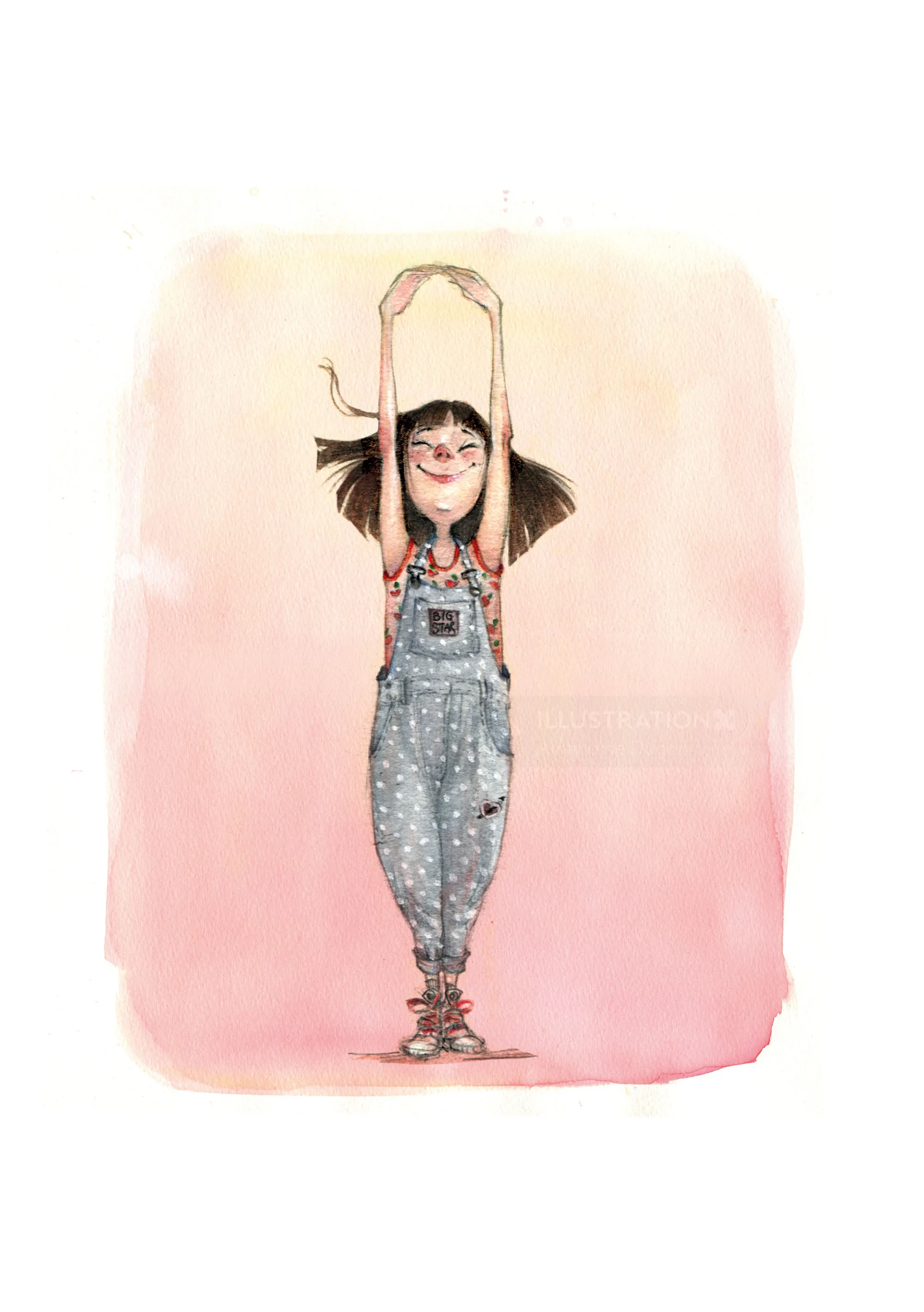 Smiling girl stretching with arms raised against soft pink backdrop