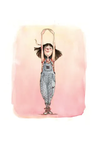 Smiling girl stretching with arms raised against soft pink backdrop