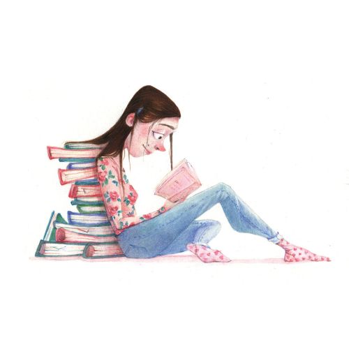 Young girl reading book with stack of books and cat nearby