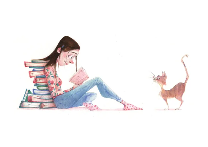 Young girl reading book with stack of books and cat nearby