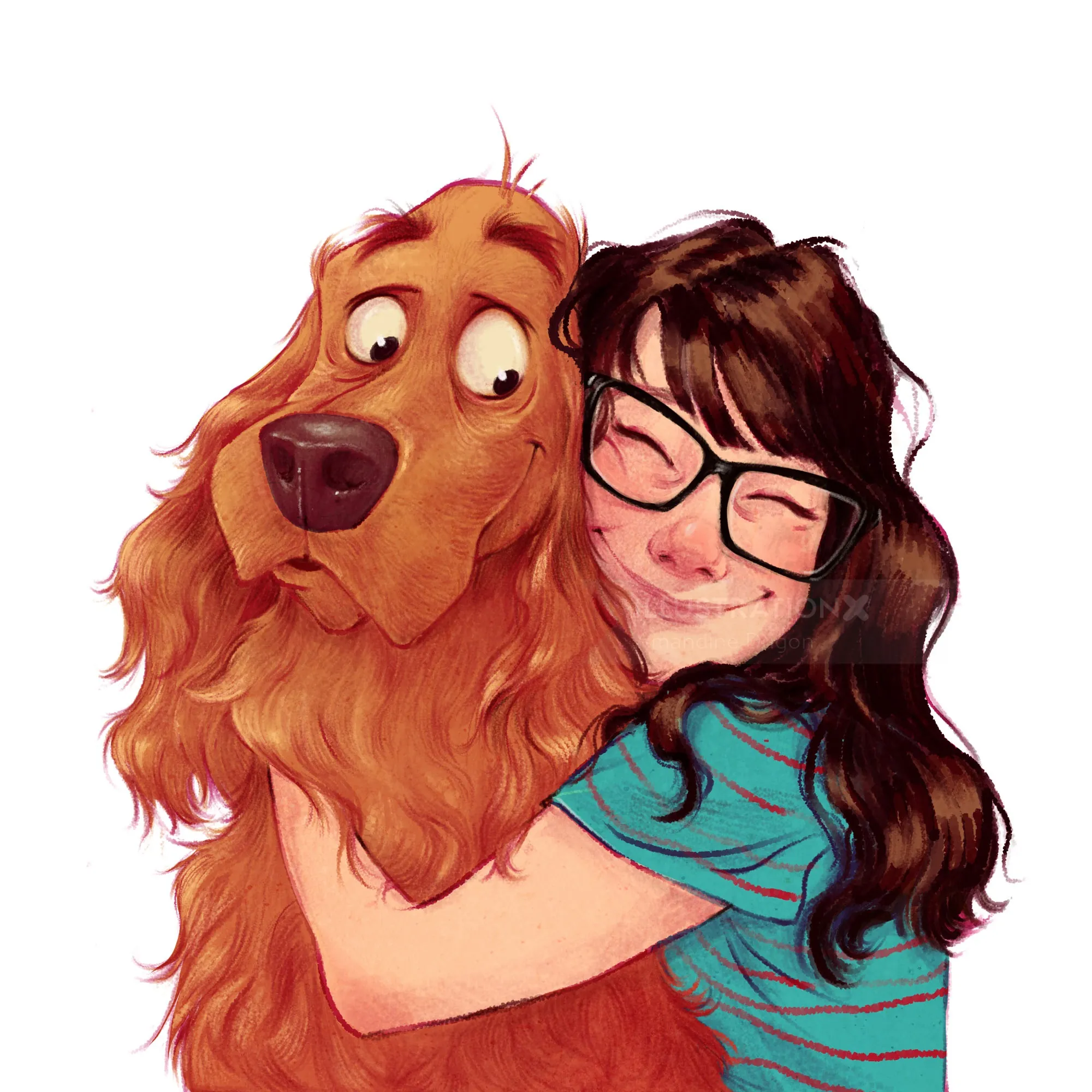 Girl with glasses hugging a large brown dog happily
