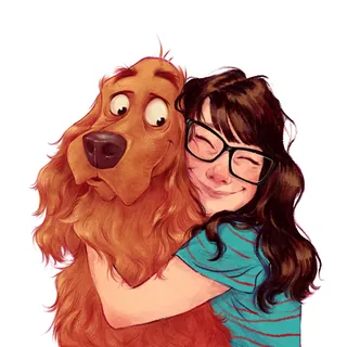 Girl with glasses hugging a large brown dog happily