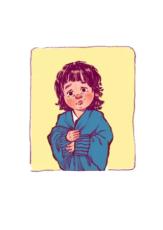 Shy child with dark hair wearing a large blue sweater