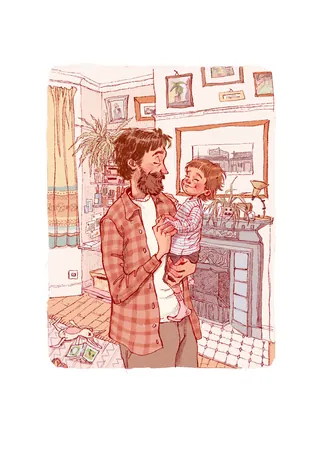 Man holding child in living room with plants and paintings