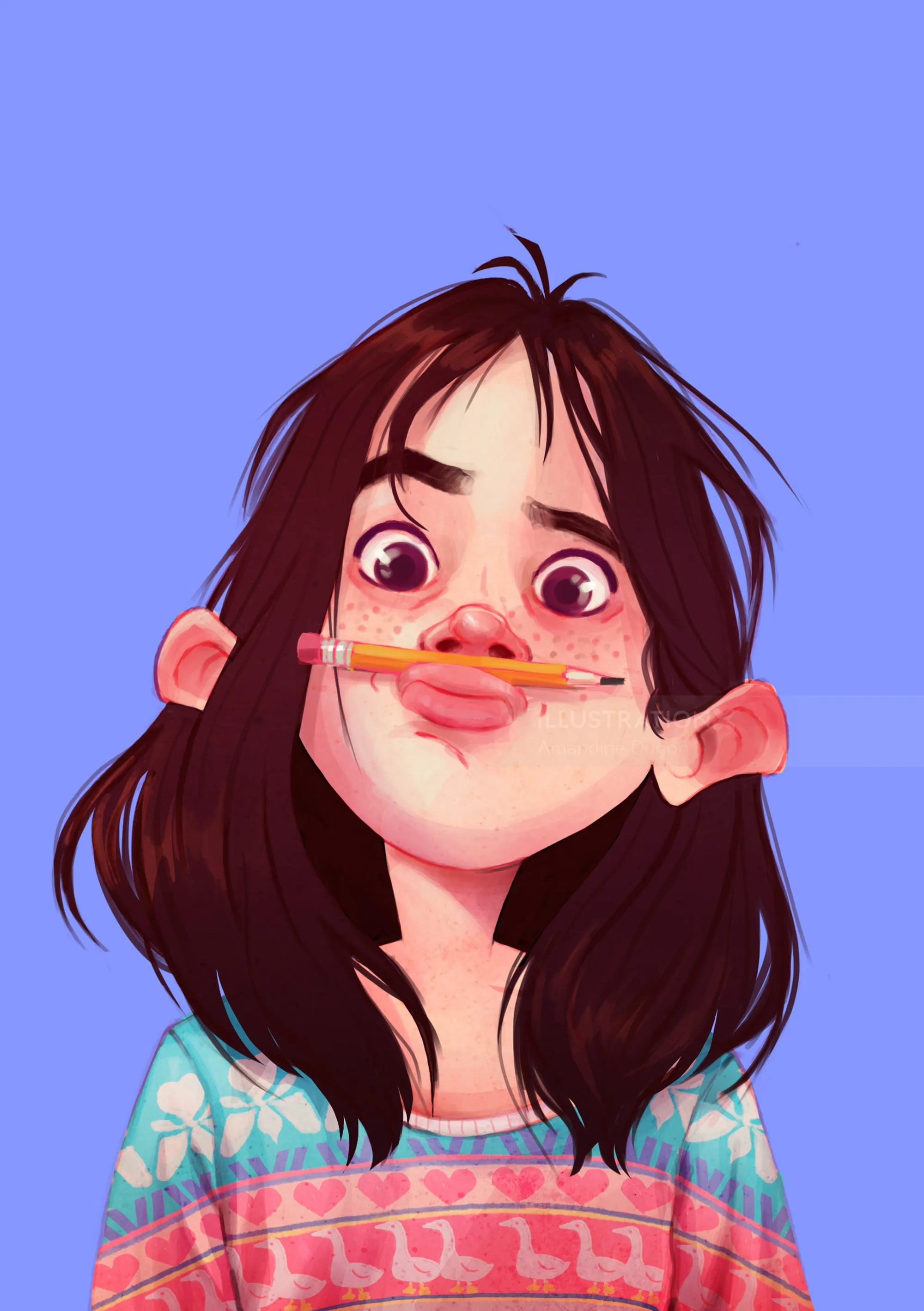 Girl balancing pencil on upper lip with playful expression