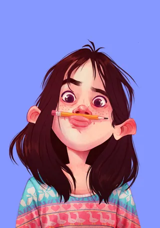 Girl balancing pencil on upper lip with playful expression
