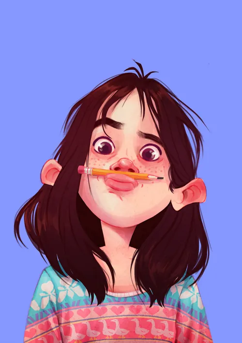 Girl balancing pencil on upper lip with playful expression