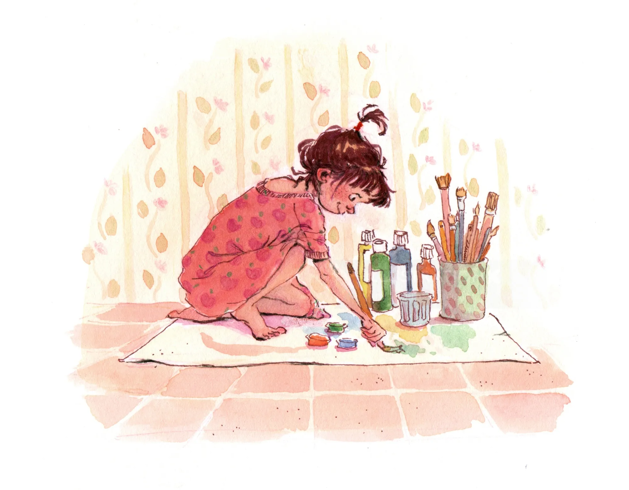 Child painting with watercolors on floor surrounded by art supplies by Amandine Dugon