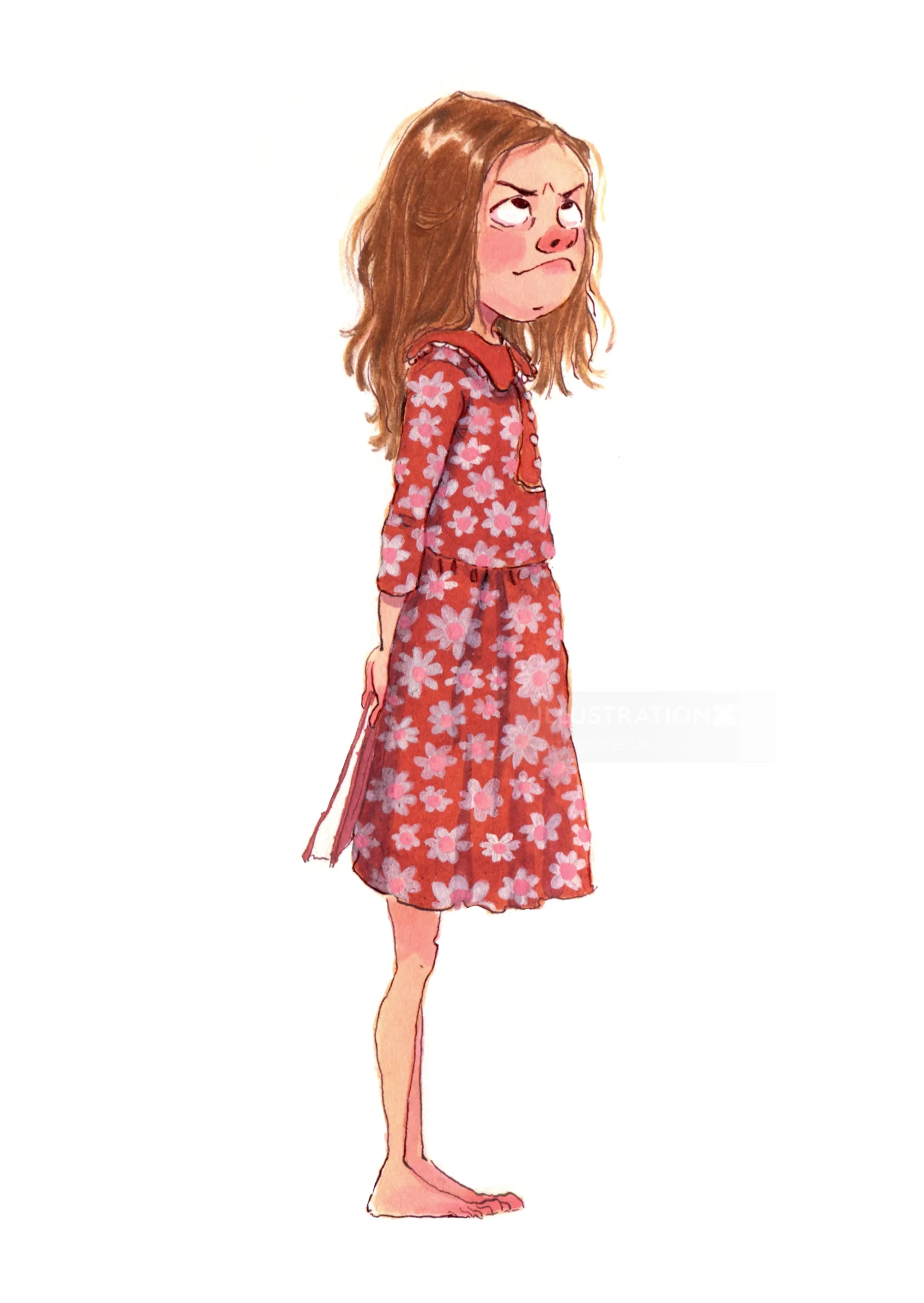 Illustration of an angry girl in a red floral dress by Amandine Dugon